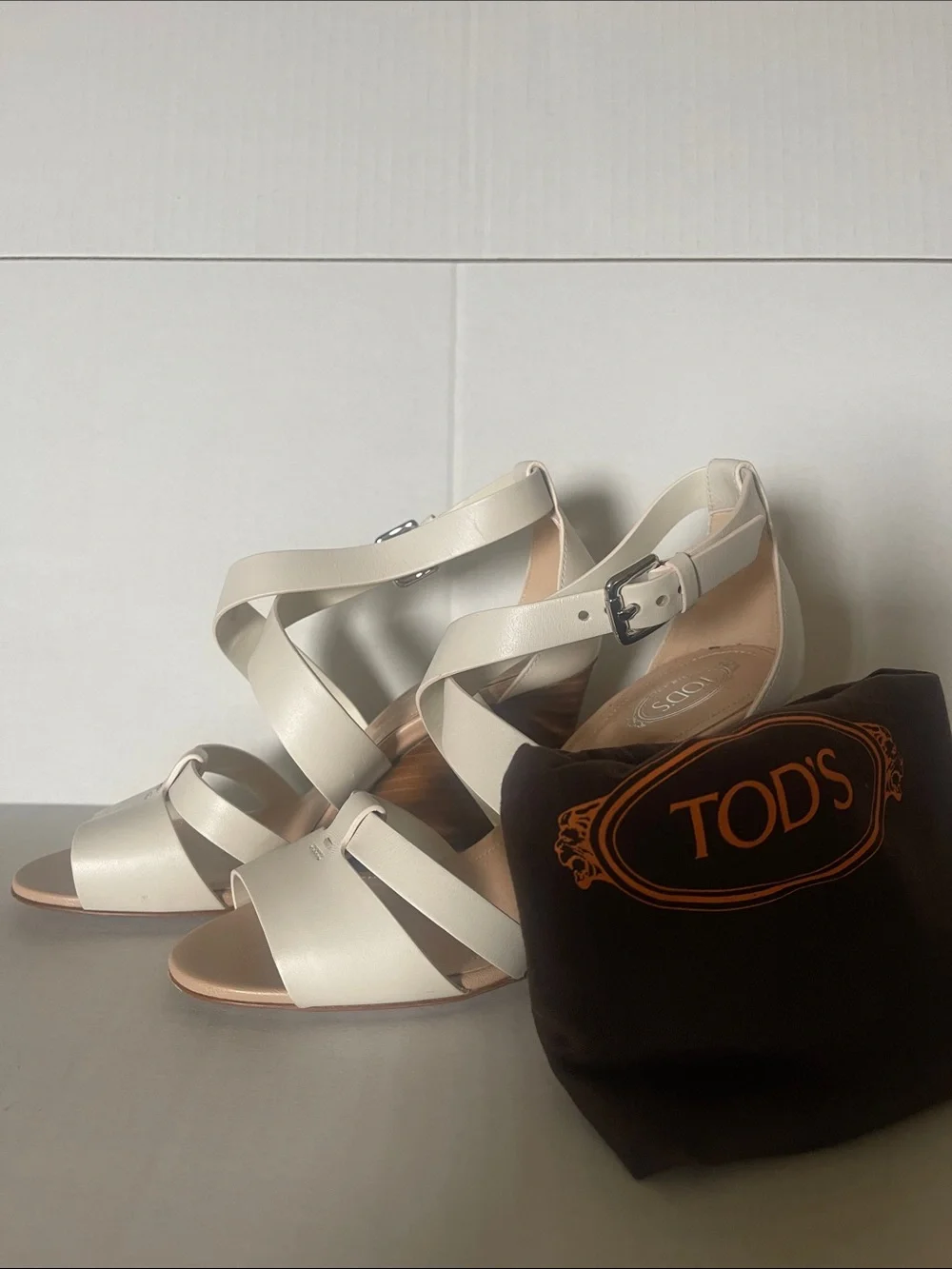 Tod's White Leather Crisscross Wedge Sandals